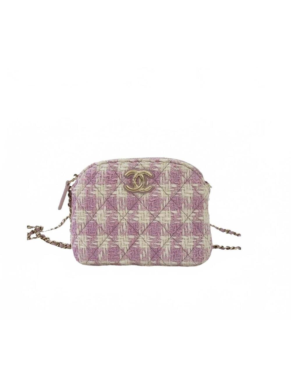 Chanel Pink and White Tweed Quilted Mini Clutch with Chain